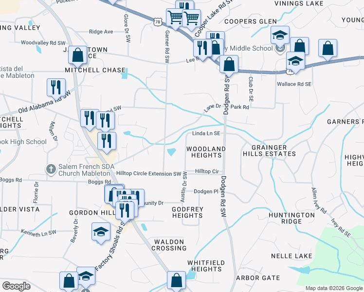 map of restaurants, bars, coffee shops, grocery stores, and more near 6030 Austin Drive Southwest in Mableton