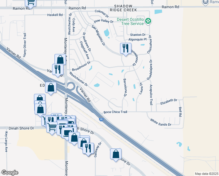 map of restaurants, bars, coffee shops, grocery stores, and more near 73361 San Carlos Drive in Thousand Palms