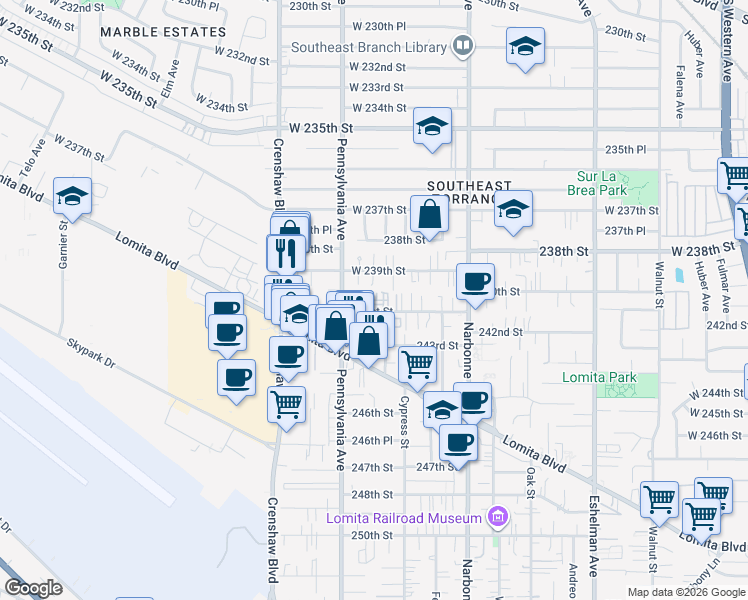 map of restaurants, bars, coffee shops, grocery stores, and more near 2333 241st Street in Lomita
