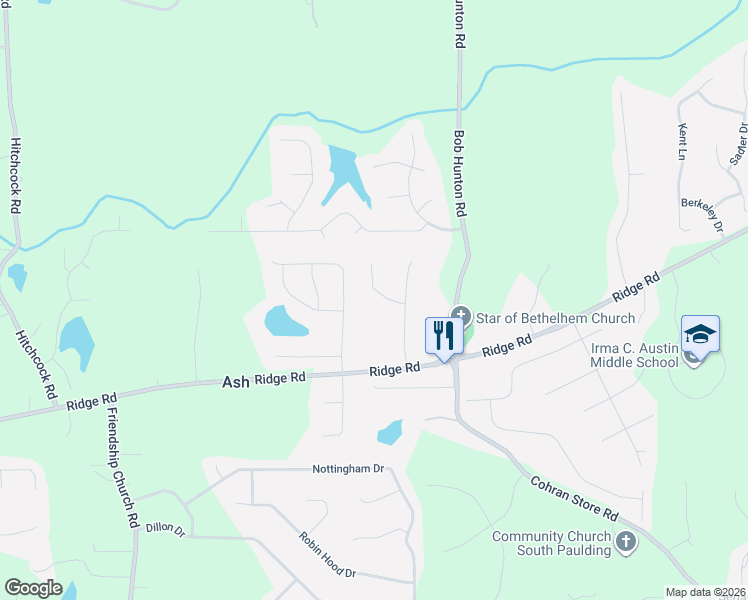 map of restaurants, bars, coffee shops, grocery stores, and more near 95 Oak Ridge Court in Douglasville