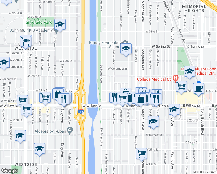 map of restaurants, bars, coffee shops, grocery stores, and more near 2720 San Francisco Avenue in Long Beach