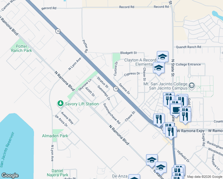 map of restaurants, bars, coffee shops, grocery stores, and more near 965 Cirrus Way in San Jacinto