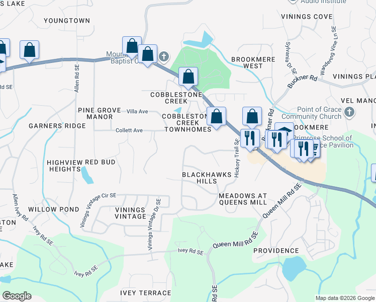 map of restaurants, bars, coffee shops, grocery stores, and more near 6035 Blackhawk Trail Southeast in Mableton