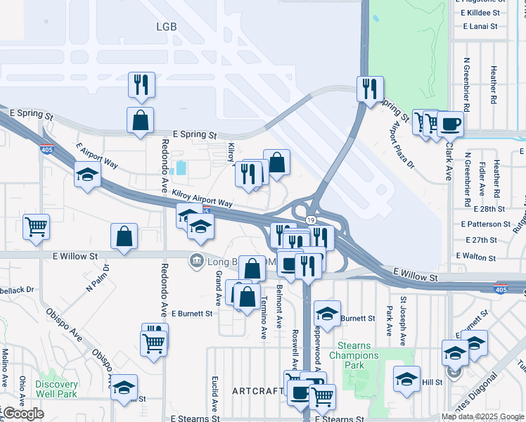 map of restaurants, bars, coffee shops, grocery stores, and more near 3880 Kilroy Airport Way in Long Beach