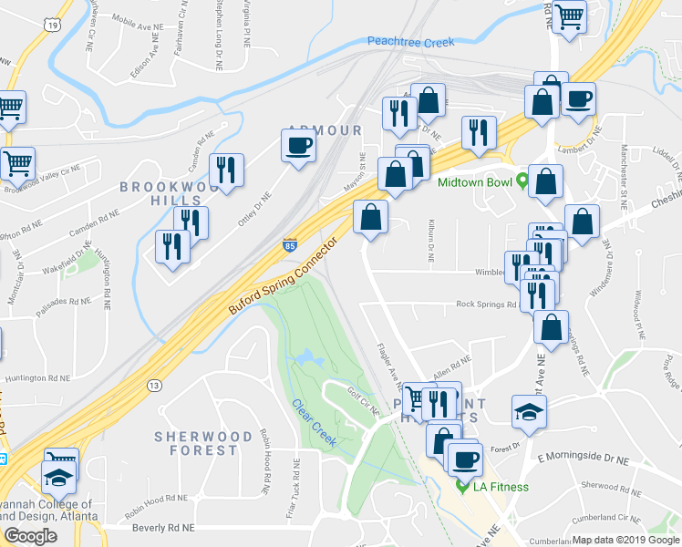 map of restaurants, bars, coffee shops, grocery stores, and more near 302 Ansley Villa Drive Northeast in Atlanta