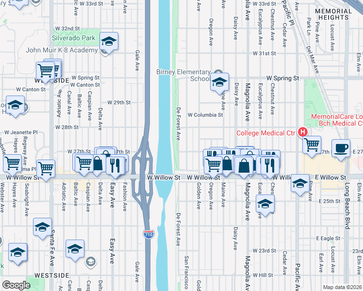 map of restaurants, bars, coffee shops, grocery stores, and more near 2716 De Forest Avenue in Long Beach
