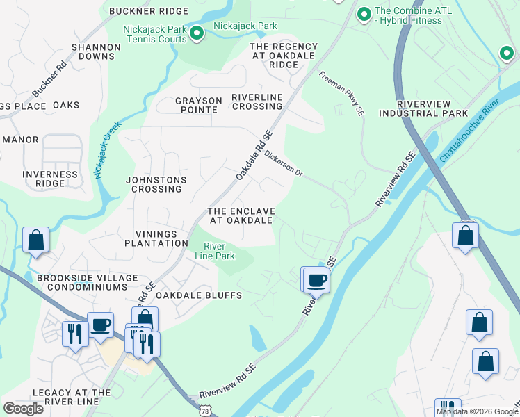map of restaurants, bars, coffee shops, grocery stores, and more near 6007 Escher Lane in Mableton
