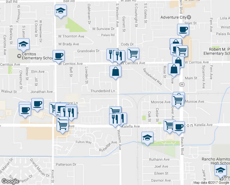 map of restaurants, bars, coffee shops, grocery stores, and more near 7450 Thunderbird Lane in Stanton
