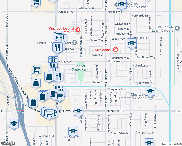 map of restaurants, bars, coffee shops, grocery stores, and more near 245 Bass Court in Perris