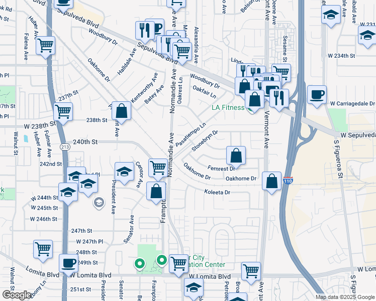 map of restaurants, bars, coffee shops, grocery stores, and more near 23950 Pasatiempo Lane in West Carson