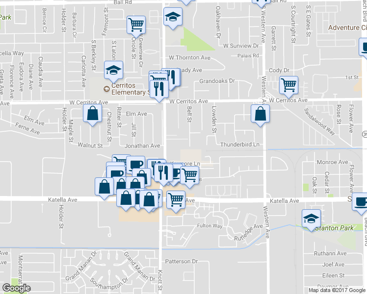 map of restaurants, bars, coffee shops, grocery stores, and more near 10740 Knott Avenue in Stanton