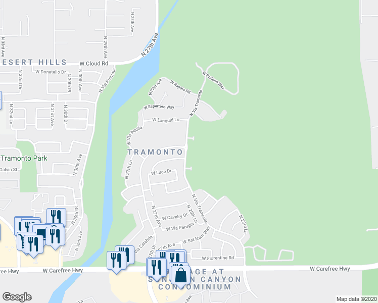 map of restaurants, bars, coffee shops, grocery stores, and more near 35511 North Vía Tramonto in Phoenix