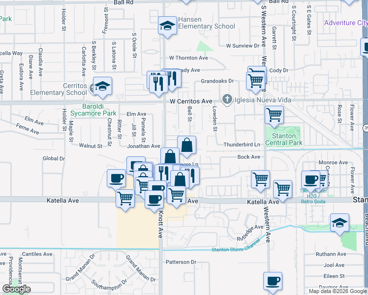 map of restaurants, bars, coffee shops, grocery stores, and more near 10740 Knott Avenue in Stanton