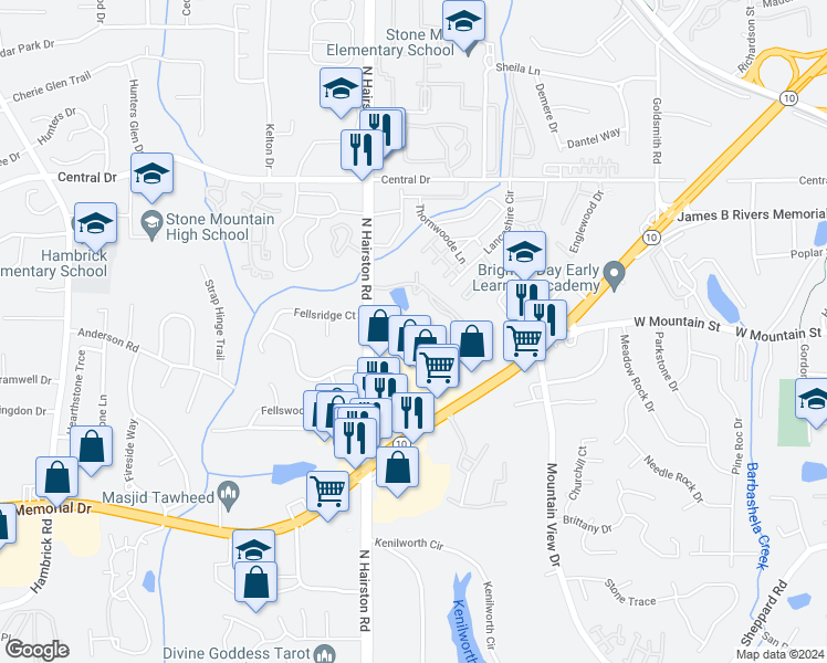 map of restaurants, bars, coffee shops, grocery stores, and more near 997 N Hairston Rd in Stone Mountain