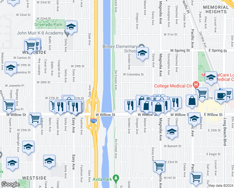 map of restaurants, bars, coffee shops, grocery stores, and more near 2716 De Forest Avenue in Long Beach