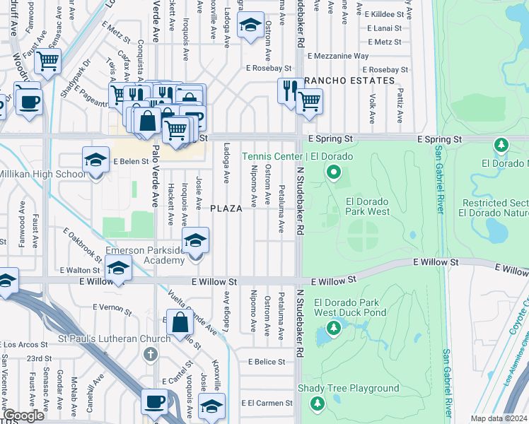 map of restaurants, bars, coffee shops, grocery stores, and more near 2751 Ostrom Avenue in Long Beach