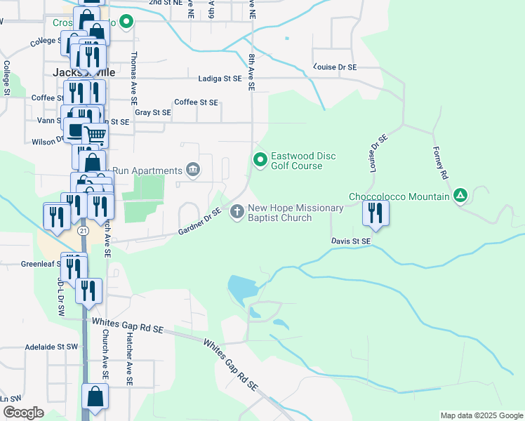 map of restaurants, bars, coffee shops, grocery stores, and more near 1722 Louise Drive Southeast in Jacksonville