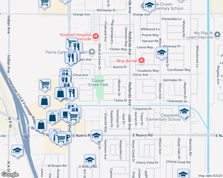 map of restaurants, bars, coffee shops, grocery stores, and more near 245 Bass Court in Perris