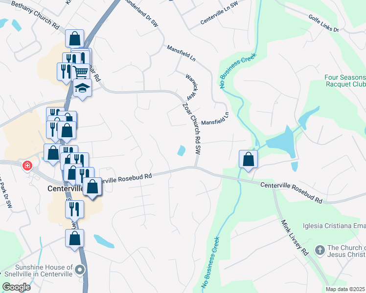 map of restaurants, bars, coffee shops, grocery stores, and more near 3655 Centerville Rosebud Road in Snellville