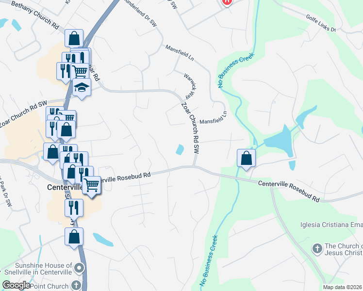 map of restaurants, bars, coffee shops, grocery stores, and more near 3715 Warwick Way in Snellville