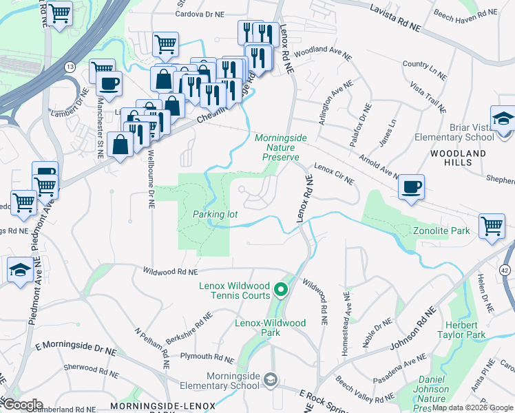 map of restaurants, bars, coffee shops, grocery stores, and more near 1135 Morningside Place Northeast in Atlanta