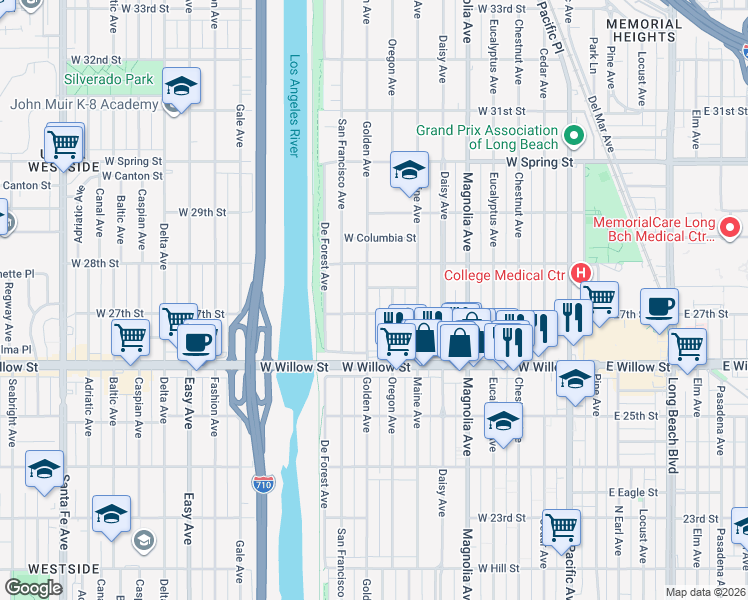 map of restaurants, bars, coffee shops, grocery stores, and more near 2741 Oregon Avenue in Long Beach
