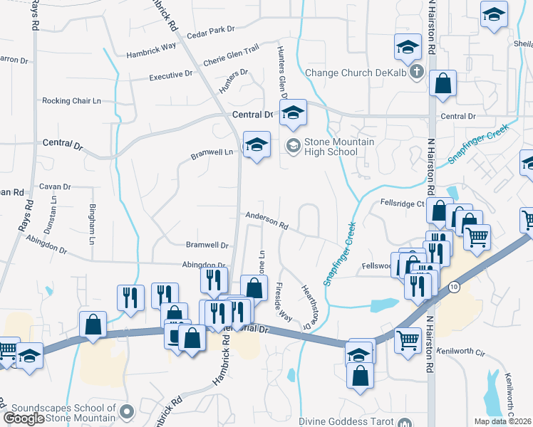 map of restaurants, bars, coffee shops, grocery stores, and more near 973 Hearthstone Place in Stone Mountain