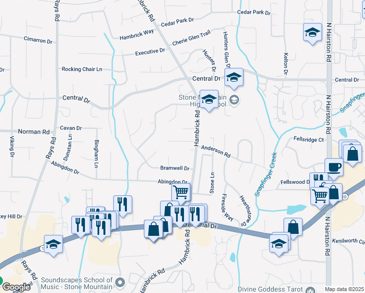 map of restaurants, bars, coffee shops, grocery stores, and more near 4457 Huntshire Drive in Stone Mountain