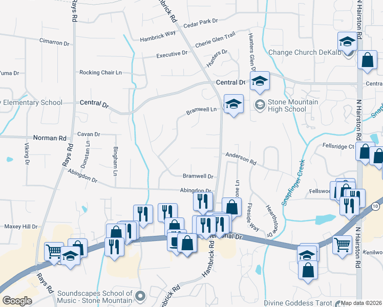 map of restaurants, bars, coffee shops, grocery stores, and more near 4427 Huntshire Drive in Stone Mountain