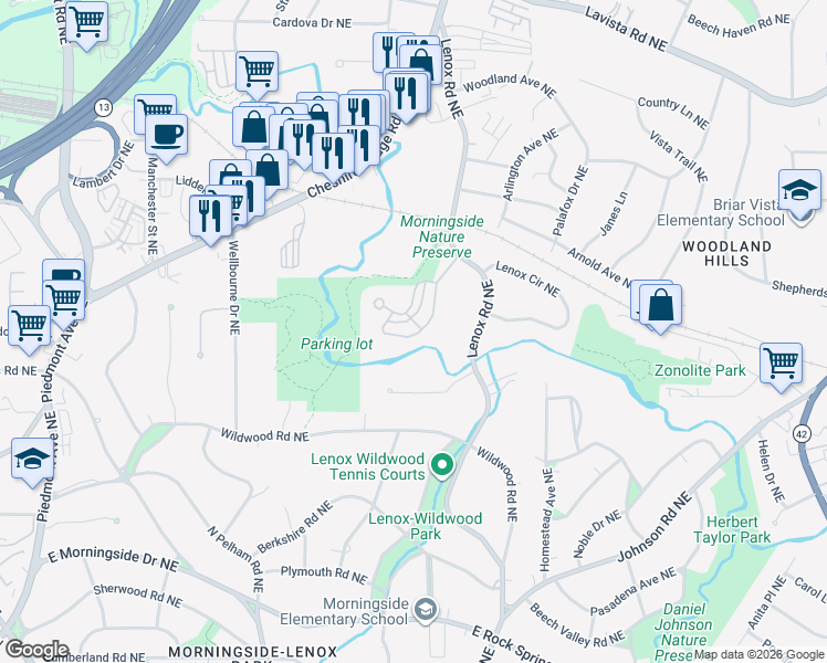 map of restaurants, bars, coffee shops, grocery stores, and more near 1135 Morningside Place Northeast in Atlanta