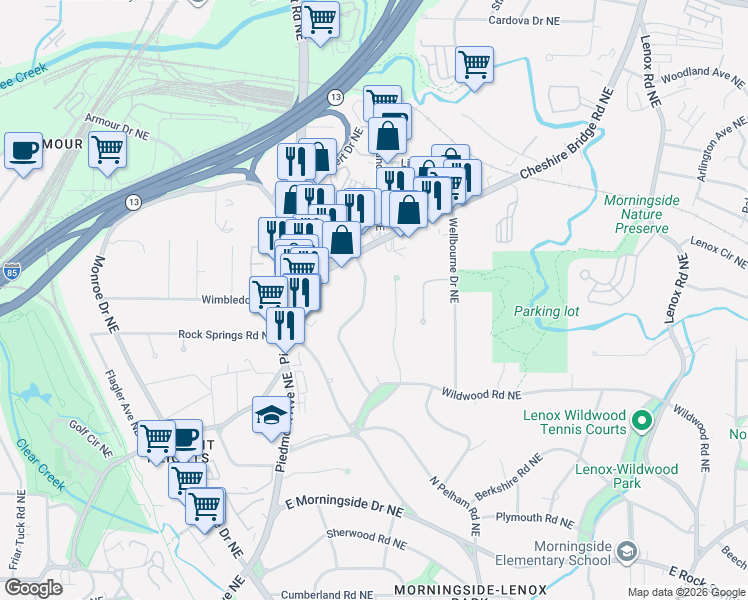 map of restaurants, bars, coffee shops, grocery stores, and more near 1914 Wildwood Place Northeast in Atlanta