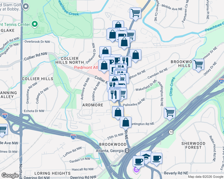 map of restaurants, bars, coffee shops, grocery stores, and more near in Atlanta