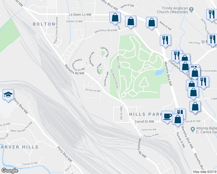 map of restaurants, bars, coffee shops, grocery stores, and more near 1629 Duncan Drive Northwest in Atlanta