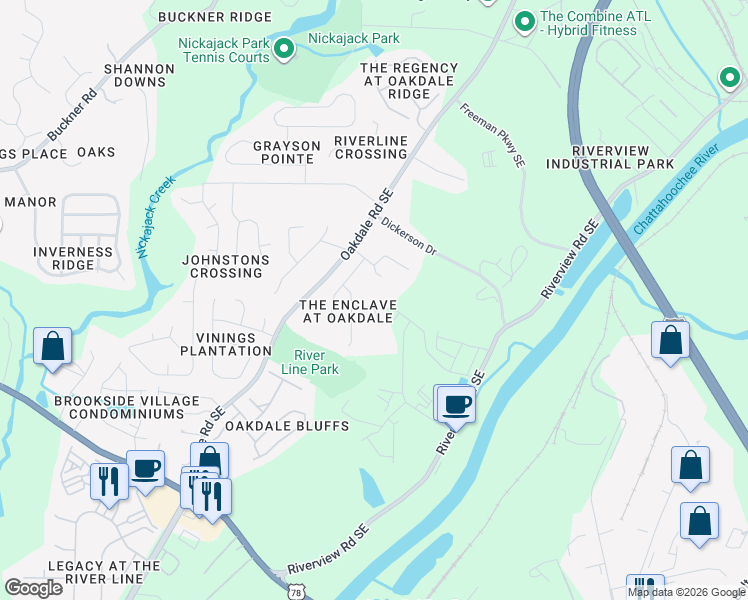 map of restaurants, bars, coffee shops, grocery stores, and more near 6007 Escher Lane in Mableton