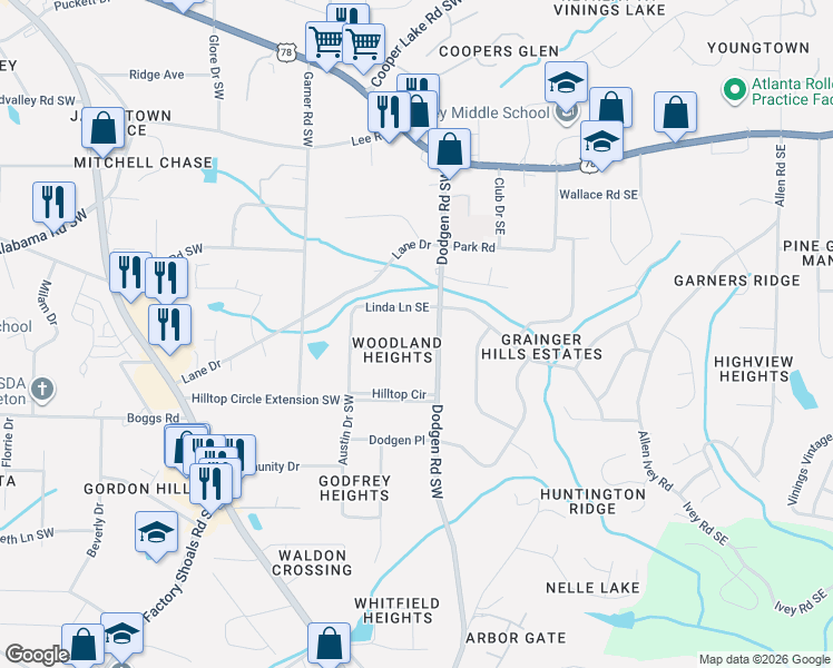 map of restaurants, bars, coffee shops, grocery stores, and more near 6036 Dodgen Road Southwest in Mableton