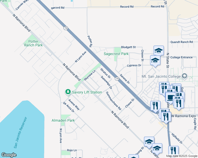 map of restaurants, bars, coffee shops, grocery stores, and more near 878 Zeppelin Court in San Jacinto