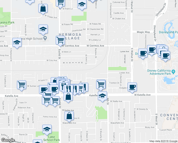 map of restaurants, bars, coffee shops, grocery stores, and more near 1579 West Stoneman Place in Anaheim