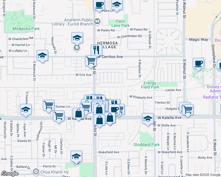 map of restaurants, bars, coffee shops, grocery stores, and more near 1638 South Tiara Way in Anaheim