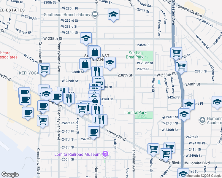 map of restaurants, bars, coffee shops, grocery stores, and more near 2120 240th Street in Lomita