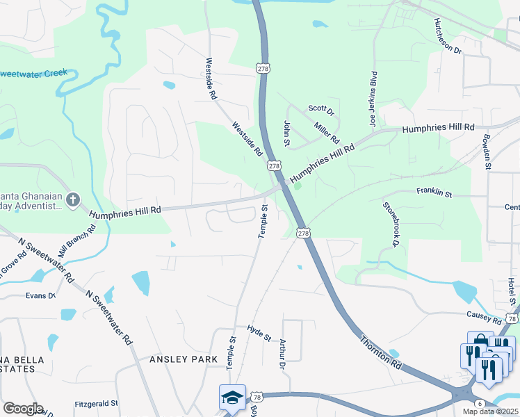 map of restaurants, bars, coffee shops, grocery stores, and more near 2150 Bonny Glen Circle in Austell