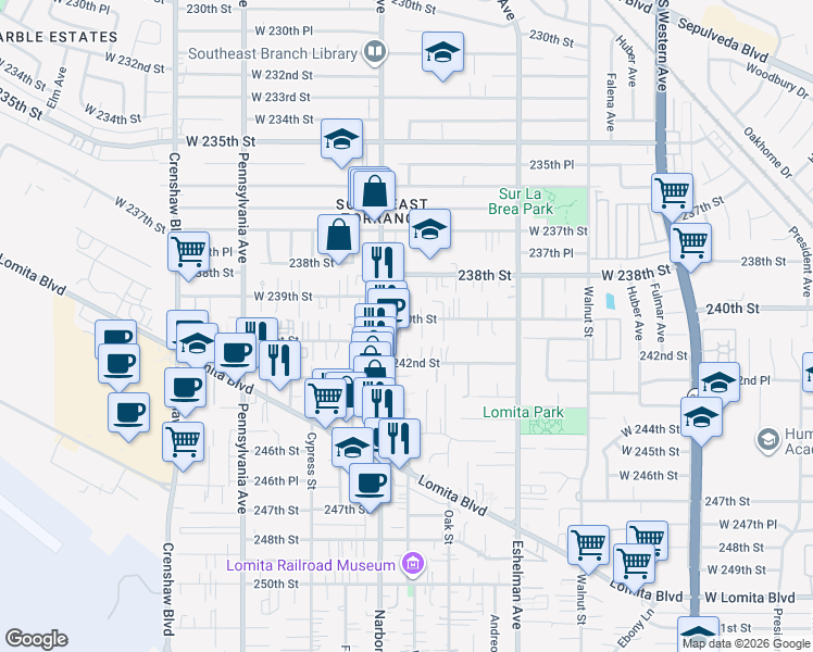map of restaurants, bars, coffee shops, grocery stores, and more near 2150 240th Street in Lomita