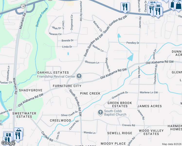 map of restaurants, bars, coffee shops, grocery stores, and more near 1780 Witt Circle in Austell