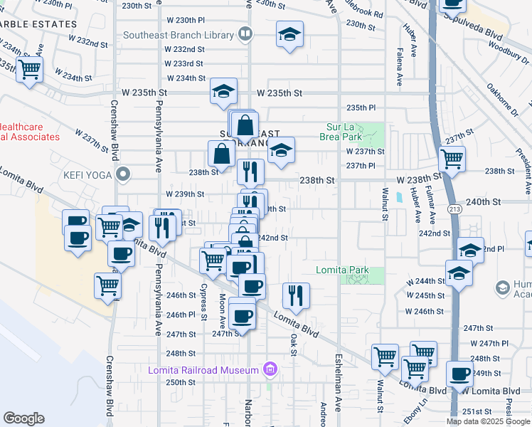 map of restaurants, bars, coffee shops, grocery stores, and more near 2150 240th Street in Lomita