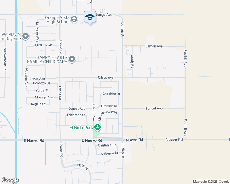 map of restaurants, bars, coffee shops, grocery stores, and more near 1562 Cheshire Drive in Perris