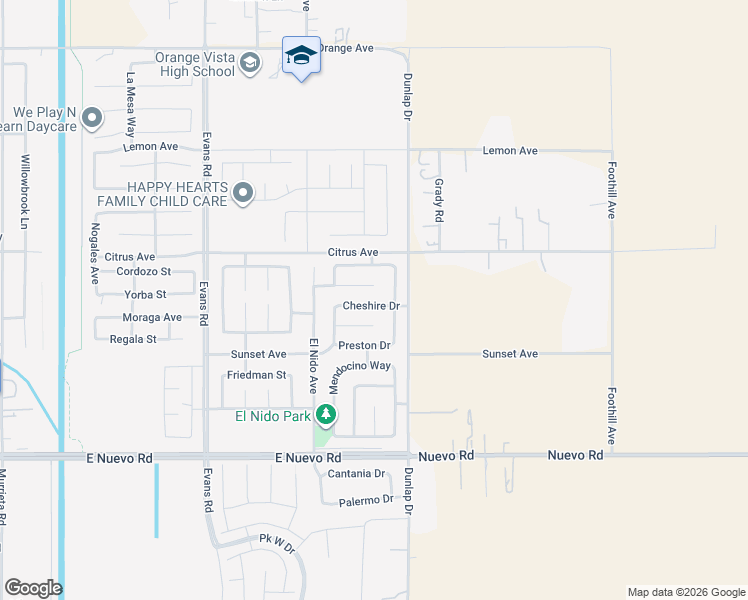 map of restaurants, bars, coffee shops, grocery stores, and more near 1538 Cheshire Drive in Perris