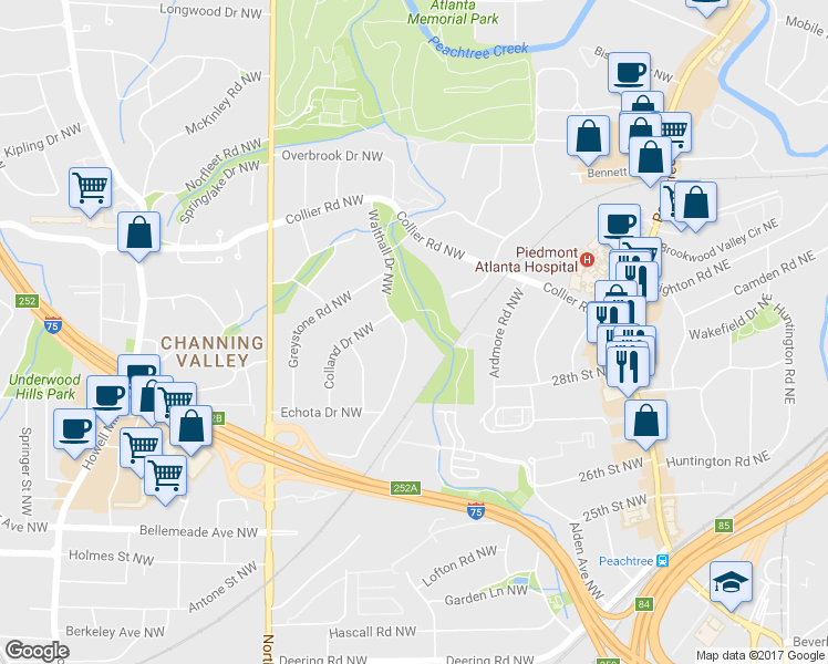 map of restaurants, bars, coffee shops, grocery stores, and more near 1911 Walthall Drive Northwest in Atlanta