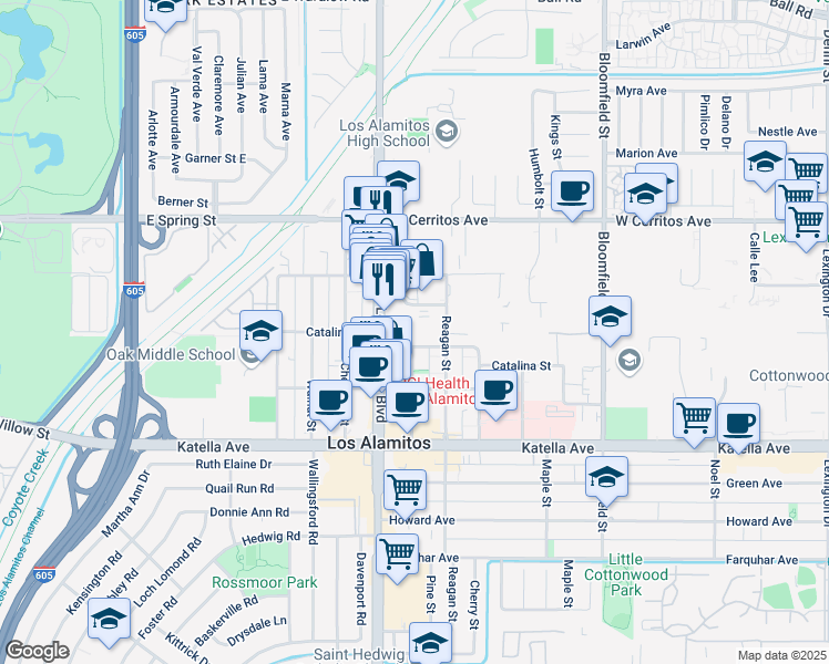 map of restaurants, bars, coffee shops, grocery stores, and more near 10742 Los Alamitos Boulevard in Los Alamitos