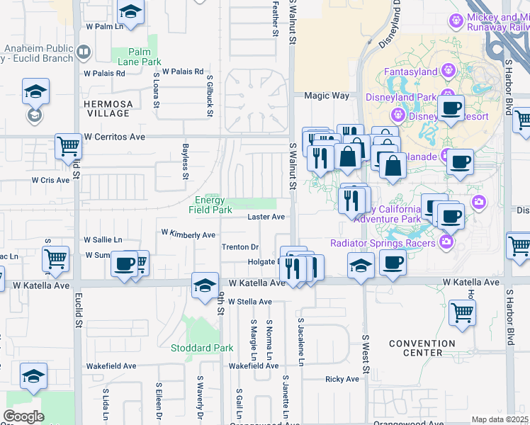 map of restaurants, bars, coffee shops, grocery stores, and more near 1237 Laster Avenue in Anaheim