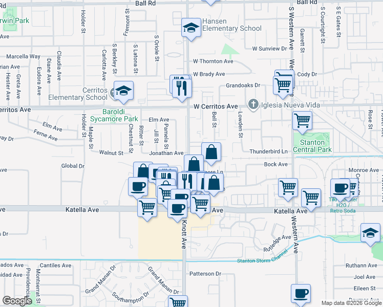 map of restaurants, bars, coffee shops, grocery stores, and more near 10700 Knott Avenue in Stanton