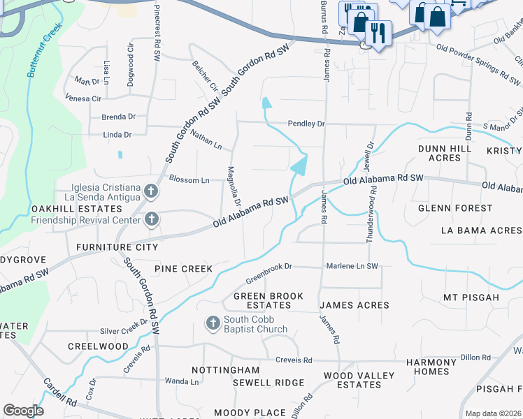 map of restaurants, bars, coffee shops, grocery stores, and more near 1633 Old Alabama Road Southwest in Austell